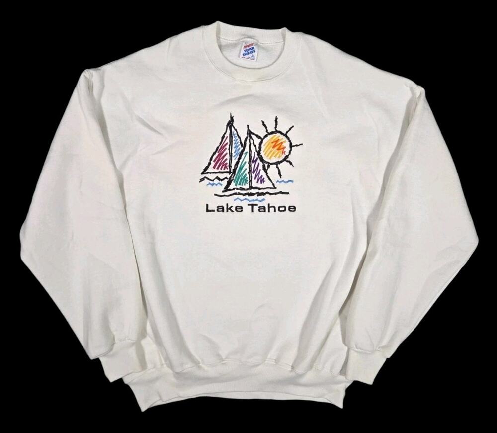 Vintage Lake Tahoe Crewneck Sweatshirt White Pullover Embroidered USA XL Travel